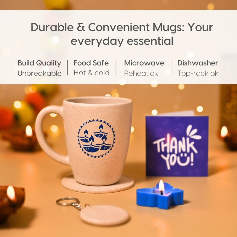 Cesti regalo Ecofy Earth Friendly Diwali | Tazza stampata Diya, sottobicchiere, portachiavi, candela, sacchetto regalo, biglietto