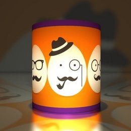 5 cool hipster Easter transparent lights, purple and orange tea light holders with mustache and glasses design