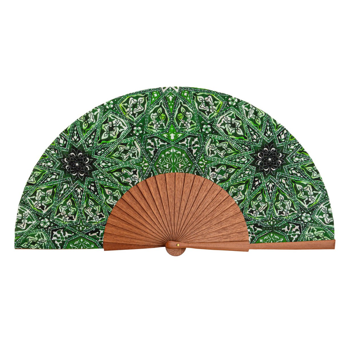 Ventilador de manos de seda verde con madera turca