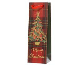 A red and green Christmas tree-themed wine bottle gift bag with the text "Merry Christmas" printed on it.