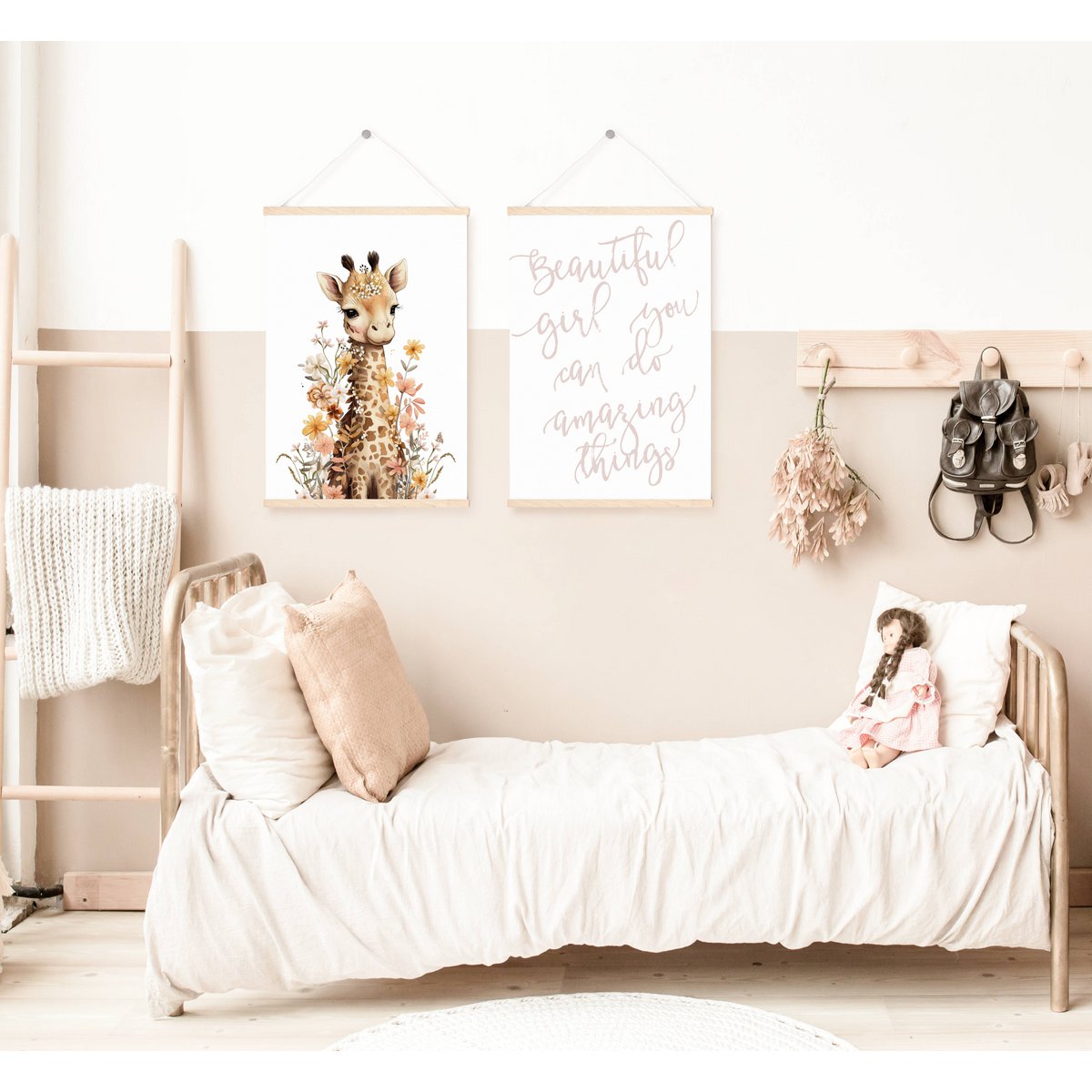 Giraffe nursery poster, giraffe poster, floral nursery print, mother and baby giraffe poster, nursery giraffe print, wildflowers print, girls nursery poster, girls room decoration