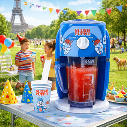 Blue slushie machine, compact 1L capacity, red liquid reservoir, fun colorful design, perfect for frozen drinks