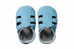  Soft, turquoise-colored baby sandals with black stripes.