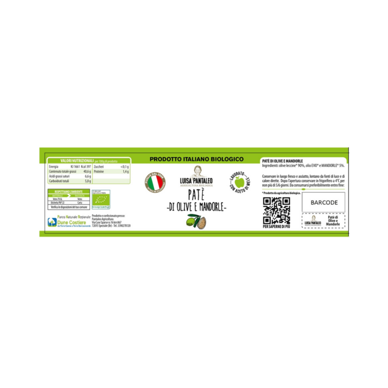 Luisa Pantaleo Pâté d'olives et d'amandes biologique, fabriqué en Italie