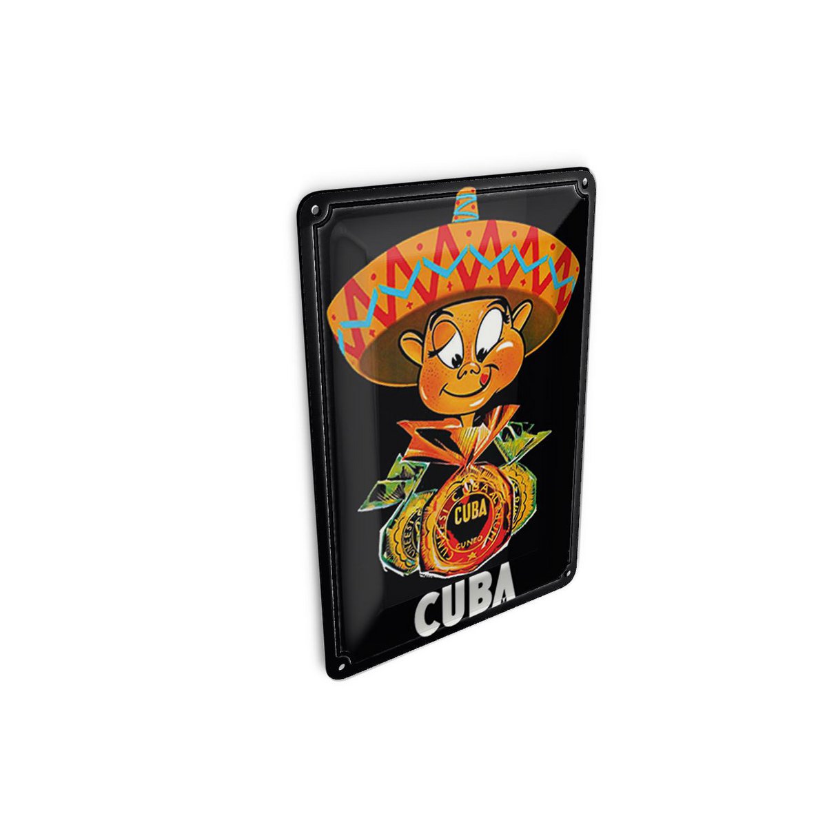 Cartolina da viaggio in latta 10x14 cm Cuba Caraibi maschio con cartello decorativo sombrero