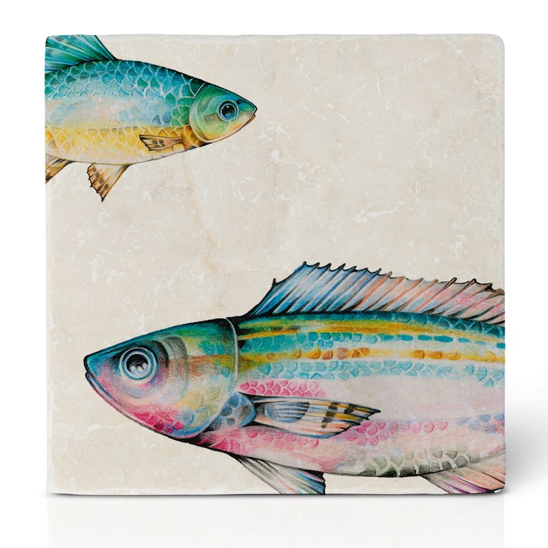 Tile coasters - fish duo azure close