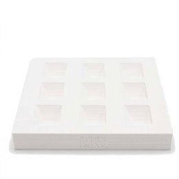 Black 3D printed bio plastic display for cubes, with 9 square compartments.