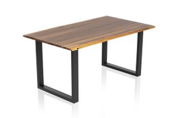 Rectangular wooden dining table with black metal legs, suitable for 4-6 people. Made of solid wood with a natural finish.