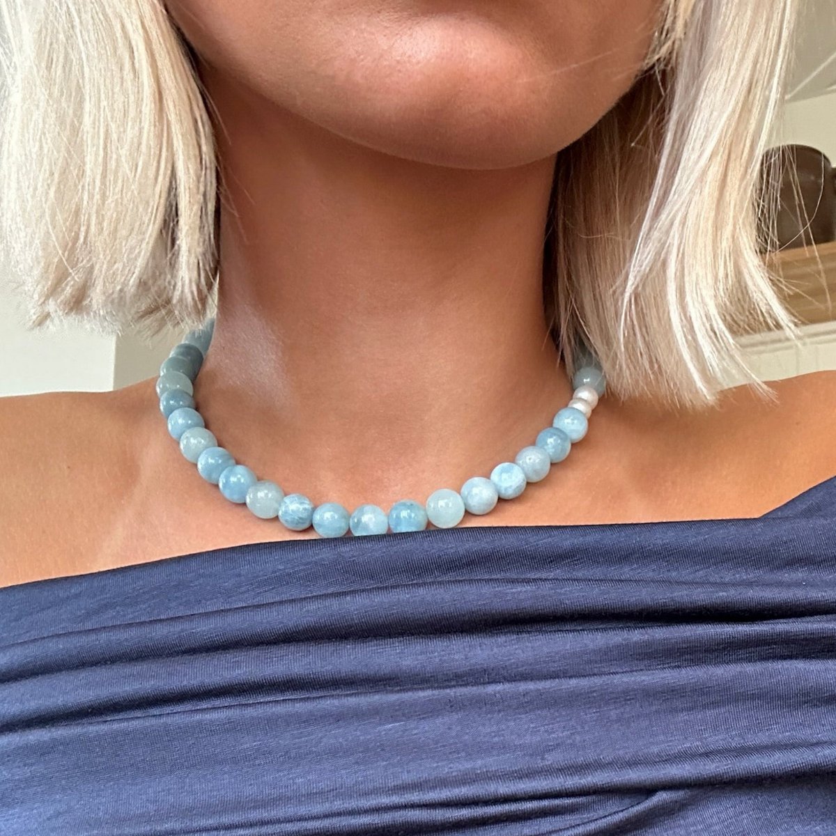 Collier aigue-marine et perles – Bijoux en cristal perlé de 10 mm