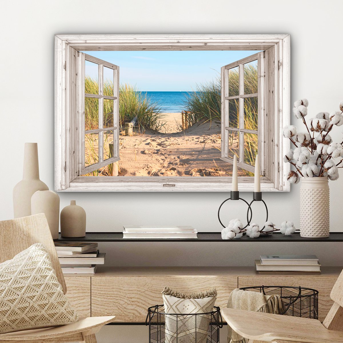 Canvas schilderij  - Wanddecoratie - Doorkijk - Strand - Zee - Duinen - Zand - Water - Helmgras