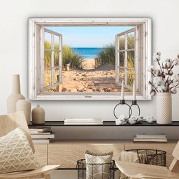 Canvas Maleri - Wall Decoration - View - Beach - Sea - Dunes - Sand - Water - Helmgras