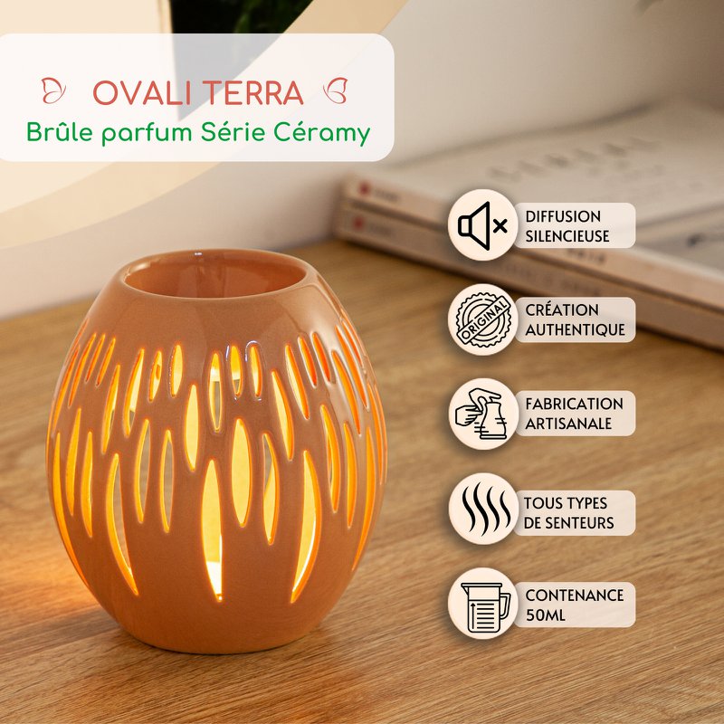 Brûle parfum Série Céramy – Ovali Terra – Bougeoir en Céramique Laquée – Diffusion Cires Parfumées, Huiles Essentielles – Idée Cadeau Déco
