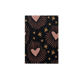 A poster featuring a black background with pink hearts and gold stars in a repeating pattern.