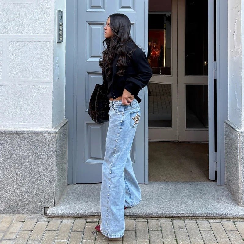 Leopard Print Five-pointed Star Deconstructing Jeans For Women