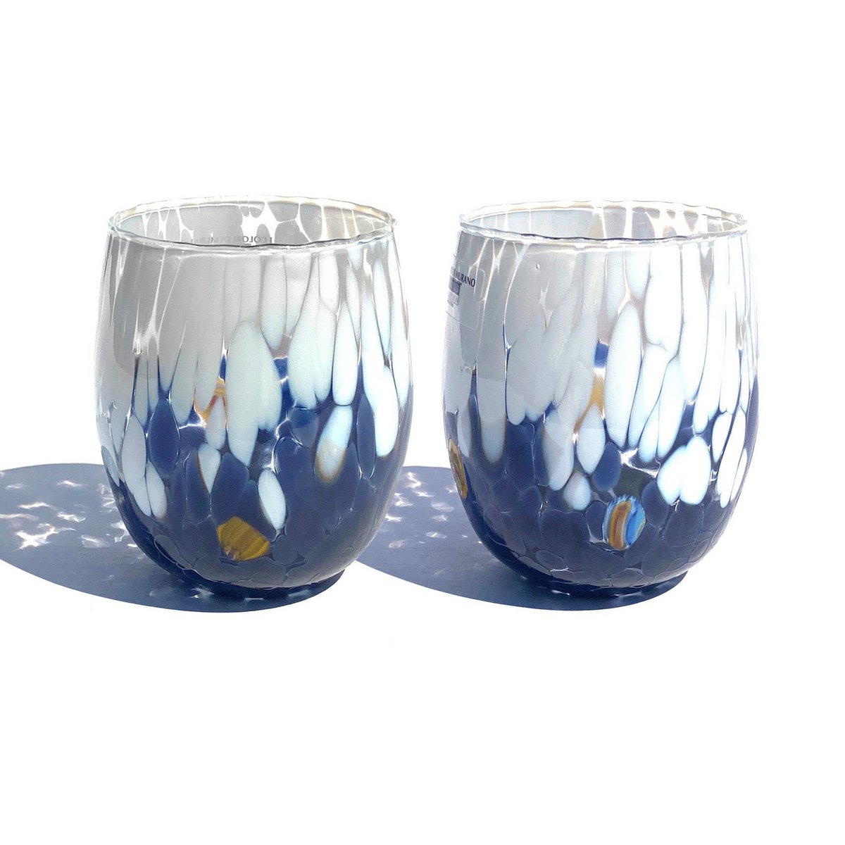 6 große zweifarbige Wassergläser aus mundgeblasenem und handgefertigtem Glas mit Murano-Murrine, Linie „I Colori di Murano“, 435 ml. Hergestellt in Italien