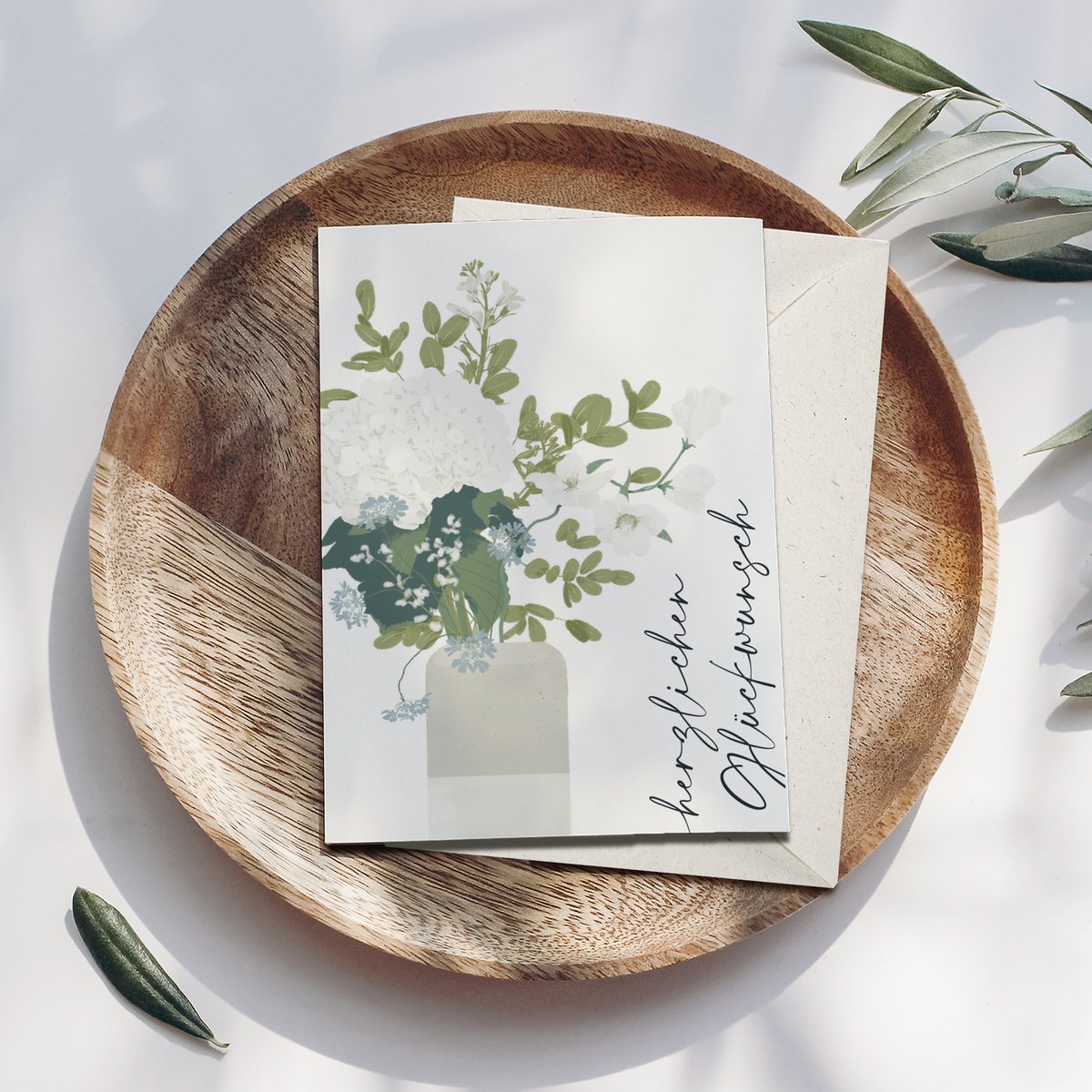Folding card 'Congratulations' vase with flowers, including envelope