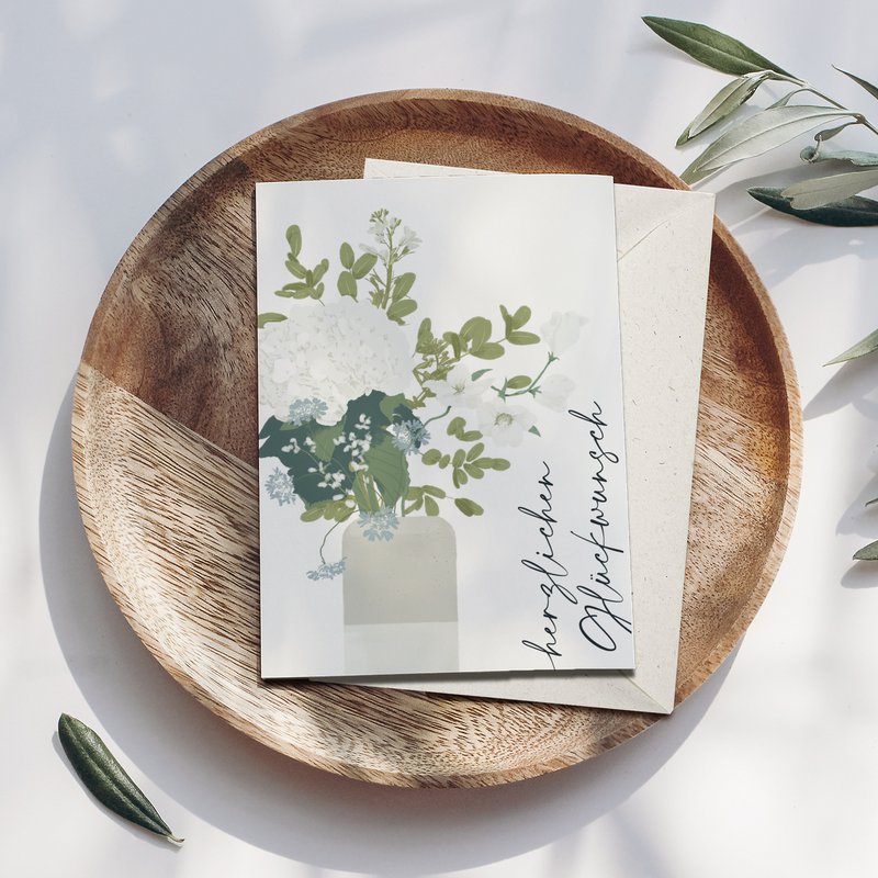 Foldekort 'Tillykke' vase med blomster, inklusive kuvert