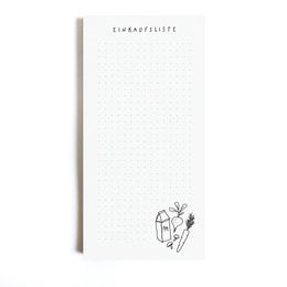 White notepad with "Shopping List" text and simple line drawing of a shopping cart icon.