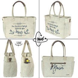 Sunsa Damen große Handtasche. XXL Tasche aus Canvas und Leder. Strandtasche/Weekender in Maritim-Motiv.