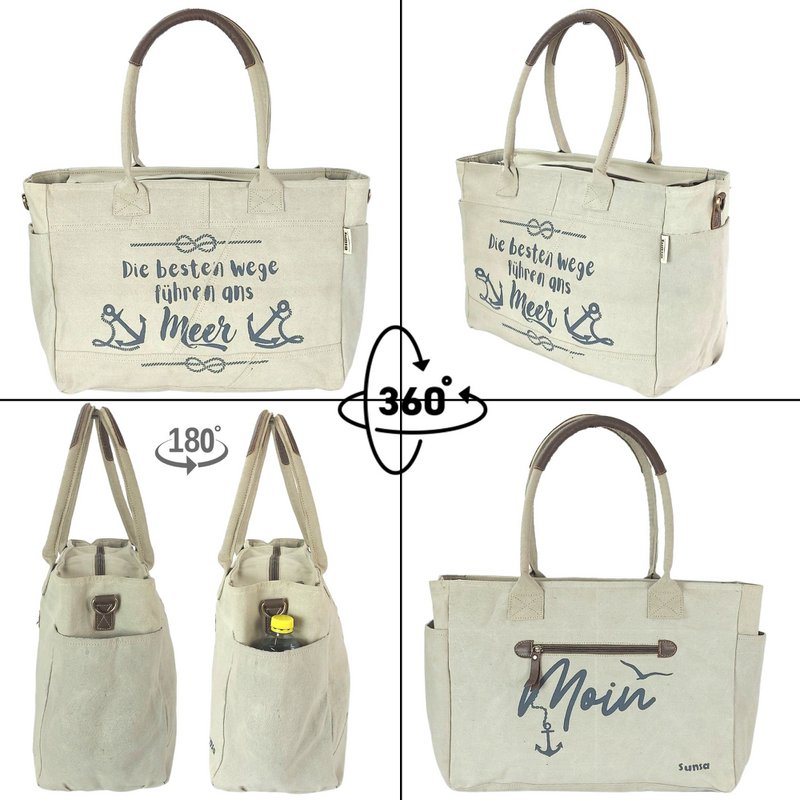 Sunsa grote dameshandtas. XXL tas gemaakt van canvas en leer. Strandtas/weekendtas in maritiem motief.