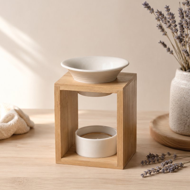 Parfümbrenner Naturea-Serie – Arina – Duftwachs-Schmelzbrenner – Diffusor für ätherische Öle und Raumdüfte – Aromatherapie-Kerzenhalter aus Bambus und Keramik