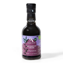 Organic balsamic cream with thyme honey, a rich and flavorful vinegar-based condiment in a glass bottle.
The product is an organic balsamic cream with thyme honey, packaged in a 200ml glass bottle or a 500ml plastic bottle. The balsamic cream has a deep, rich color and a sweet, herbal flavor profile from the combination of balsamic vinegar and thyme honey. This versatile condiment can be used to enhance a variety of dishes, from salads and meats to desserts.