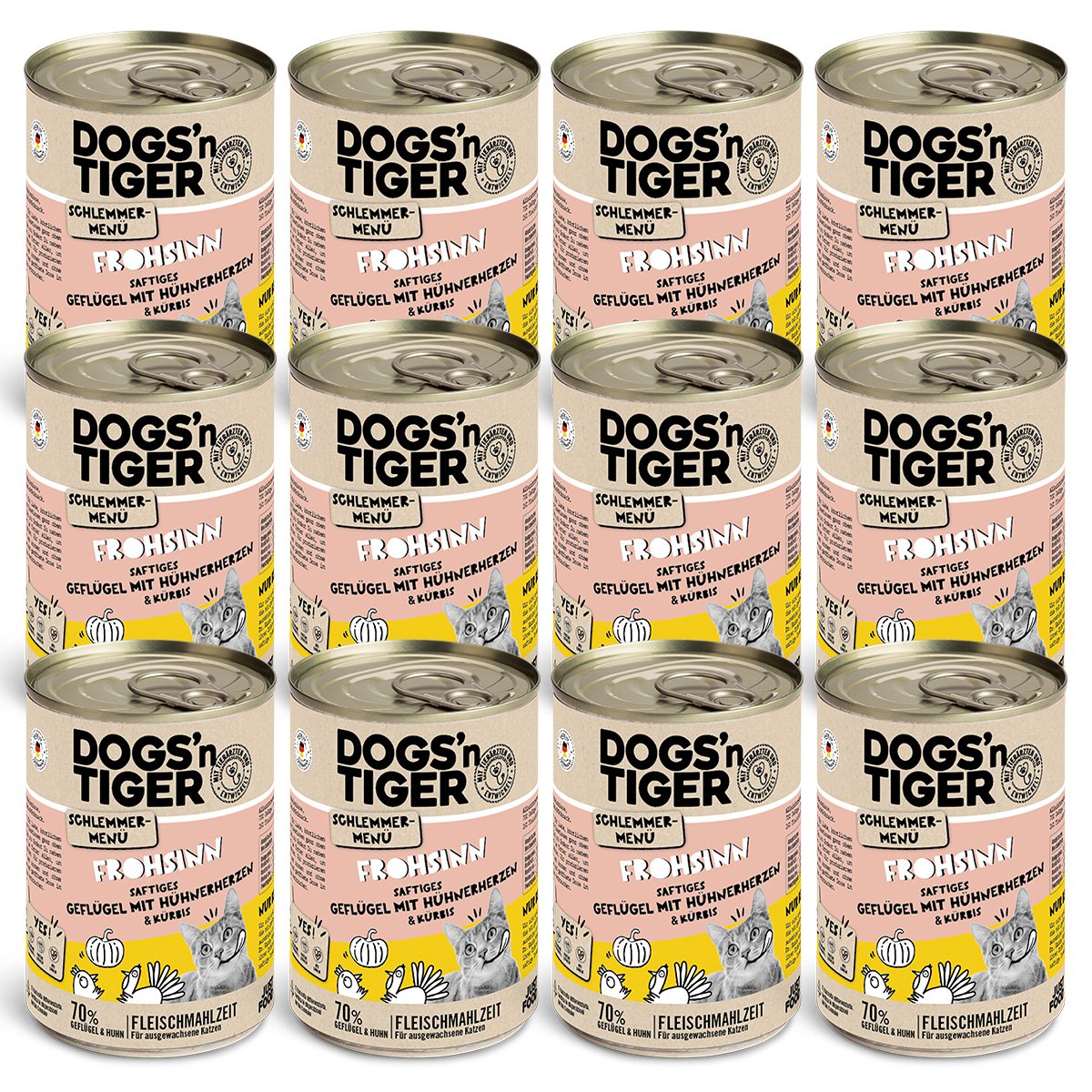 Dogs’n Tiger Adult, cibo per gatti, Frohsinn, cibo umido per gatti, senza cereali, pollame e zucca