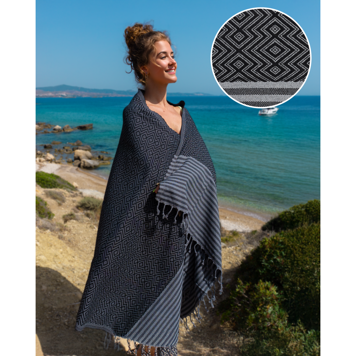 Telo mare SAHARA in cotone Hammam – Senza sabbia – Nero (180x100 cm)