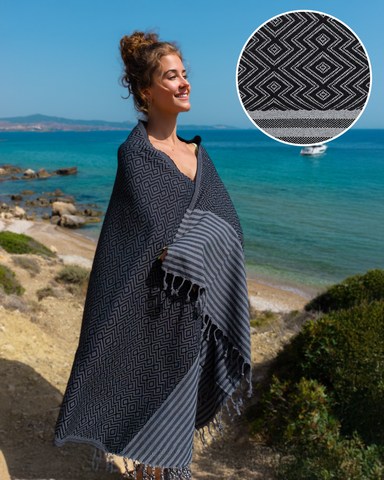 SAHARA Cotton Hammam Beach Towel – Sand Free – Black - 180x100 cm