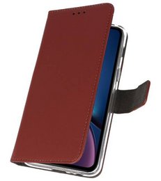 Leather-like brown smartphone case for iPhone XR with a wallet-style design, suitable for carrying cards and cash.
