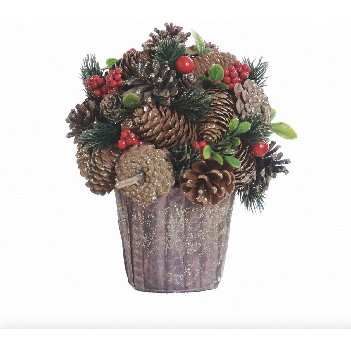 Tarro de arreglo navideño - frutos rojos | ø 22cm | Adorno navideño decorativo y bien relleno en macetero resistente con materiales naturales con detalles en blanco | Rojo