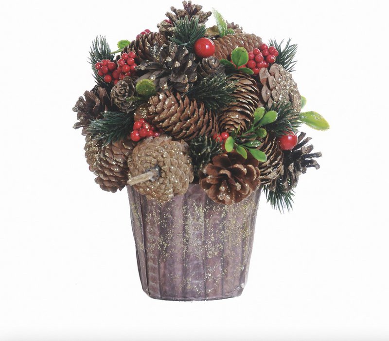Tarro de arreglo navideño - frutos rojos | ø 22cm | Adorno navideño decorativo y bien relleno en macetero resistente con materiales naturales con detalles en blanco | Rojo