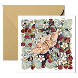 Greeting card with colorful illustration of wild strawberries, flowers, and butterflies. Vibrant colors and detailed floral design.