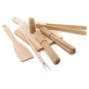 Wooden BBQ Grill Utensils Set (Chopping Board, Spatula, BBQ Tongs, Fork, Toothpicks, Skewers)