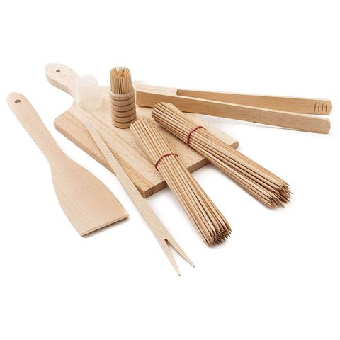 Wooden BBQ Grill Utensils Set (Chopping Board, Spatula, BBQ Tongs, Fork, Toothpicks, Skewers)