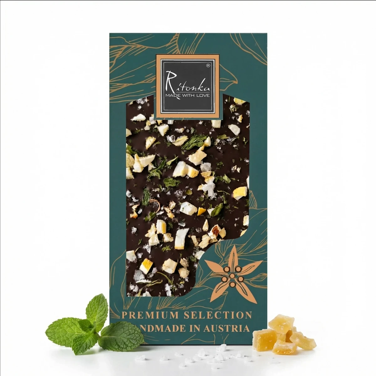 PREMIUM chocolate amargo limón, menta, sal en escamas 95g