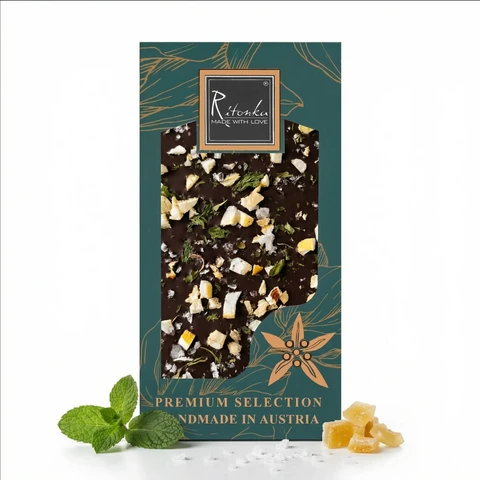 PREMIUM bittere chocolade citroen, munt, zoutvlokken 95g