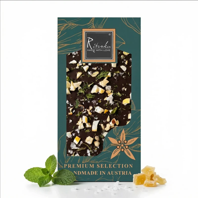 PREMIUM chocolate amargo limón, menta, sal en escamas 95g