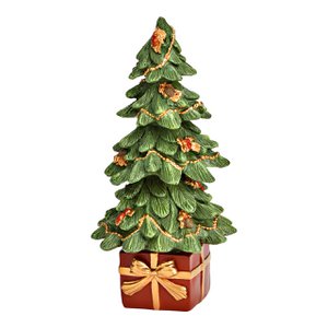 Tannen tree on gift from poly, green/red (b/h/t) 8x17x8cm