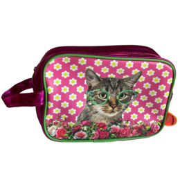 Trousse de toilette Chat à lunettes douillet dans un lit de fleurs