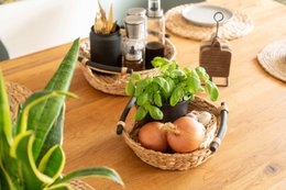 Large laundry tub, basket braided out of water hyacinth with wooden handles