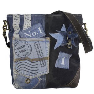 Sunsa Damen Nachhaltige Umhängetasche. Schultertasche aus recycelte Jeans & Canvas ( Segeltuch). Handtasche Vintage retro Stil. Crossbody Tasche für Frauen.