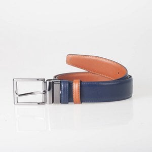 Men's Belt Dark Blue And Cognac - Italian Genuine Leather - 3.5 cm Wide - Size 135 (Waist to 115 cm)