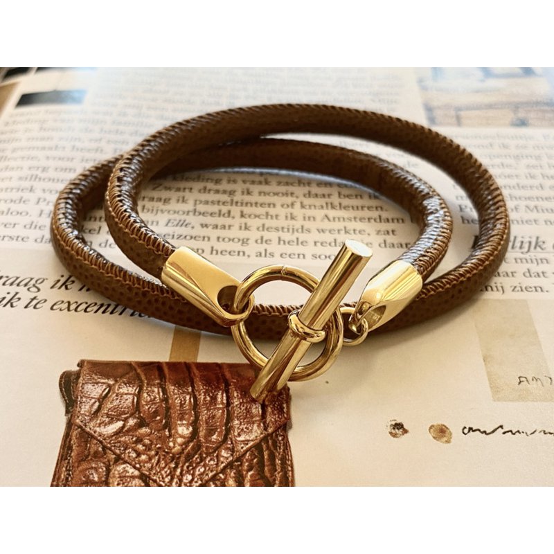Armband leer hermes style bruin/ goud