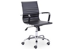 Black leather swivel office chair with chrome base and casters.