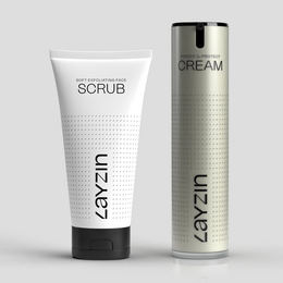 A white and black tube labeled "SCRUB" and a white and black cylindrical container labeled "CREAM" for a face care product line called "Layzin". The product is designed to provide scrubbing and protection for the skin.