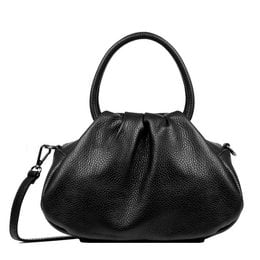 Genuine leather handbag in black, brown, dark green, and dark burgundy colors. Structured, domed shape with dual handles.
