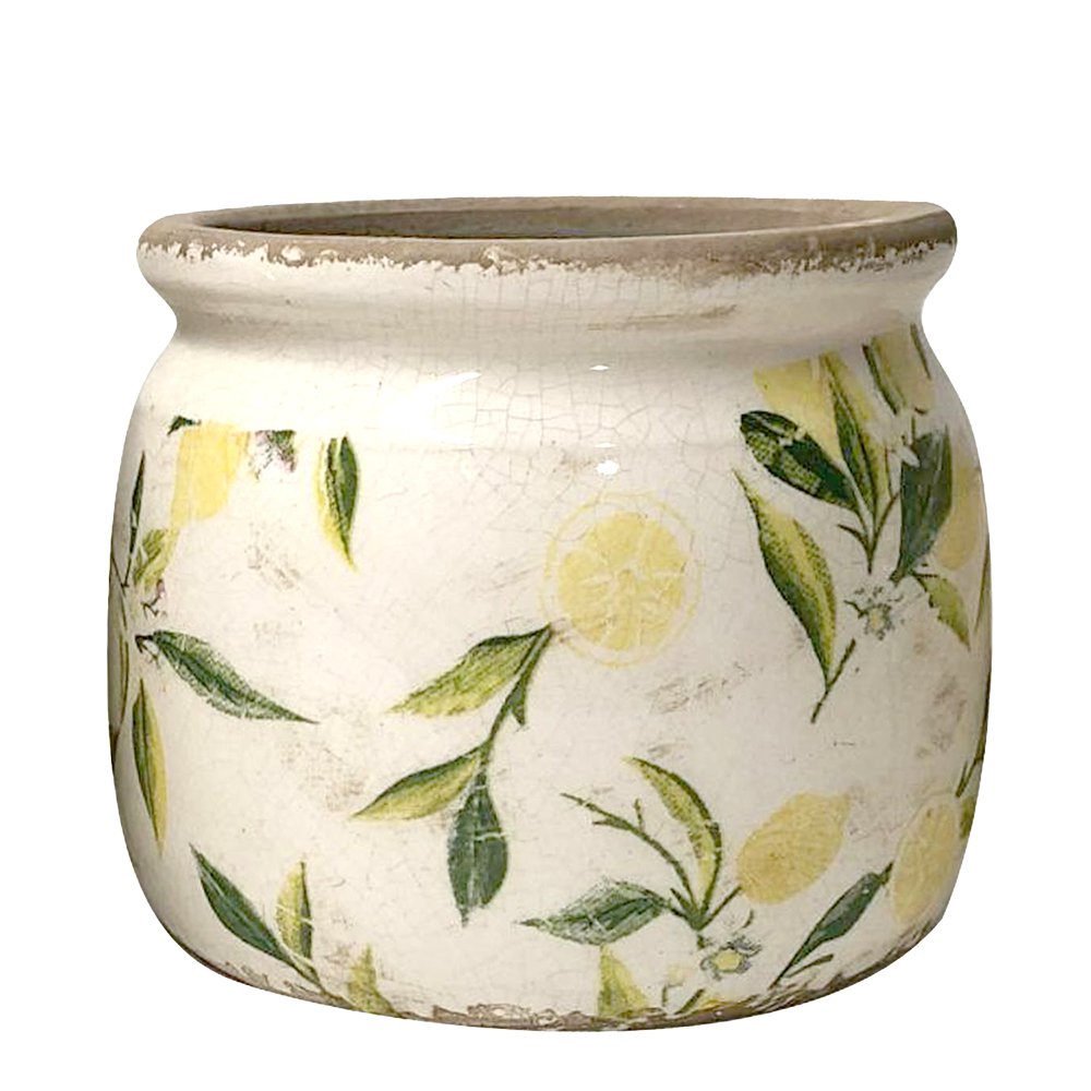 Bloempot Ø 15x13 cm Geel Groen Keramiek Citroen Bloempot Binnen