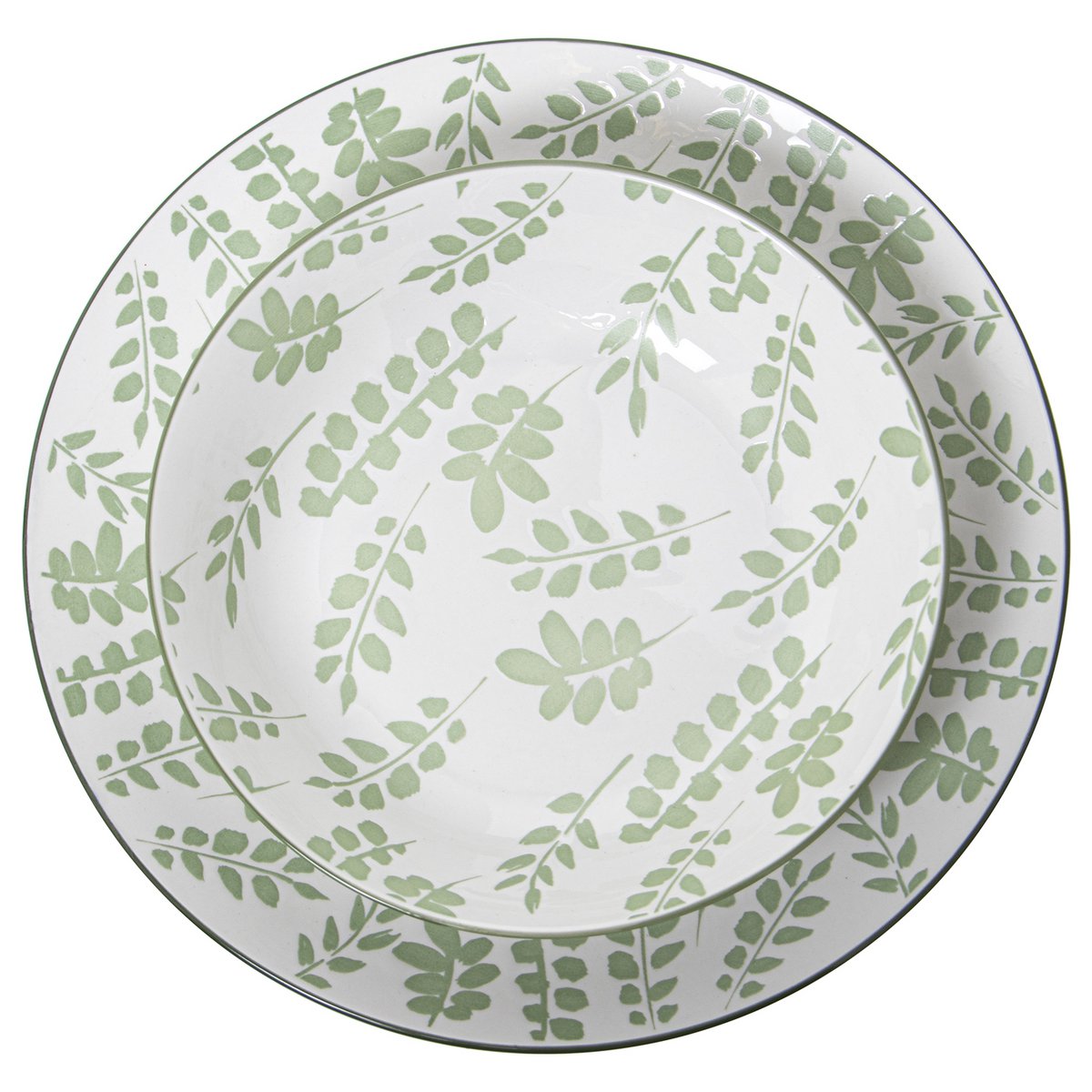 VAISSELLE 18 PIÈCES PORCELAINE BLANCHE FEUILLES VERTES, ASSIETTE PLATE: ø27 _DESSERT:°19CM, PROFONDE:°20X4CM CU7264