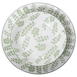 SERVIZIO PIATTI 18 PEZZI PORCELLANA BIANCA FOGLIE VERDI, PIATTO PIANO: ø27 _DESSERT:°19CM, PROFONDO:°20X4CM CU7264